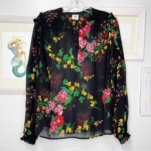 CABI Black Floral Thespian Long Sleeve Blouse Size Medium
